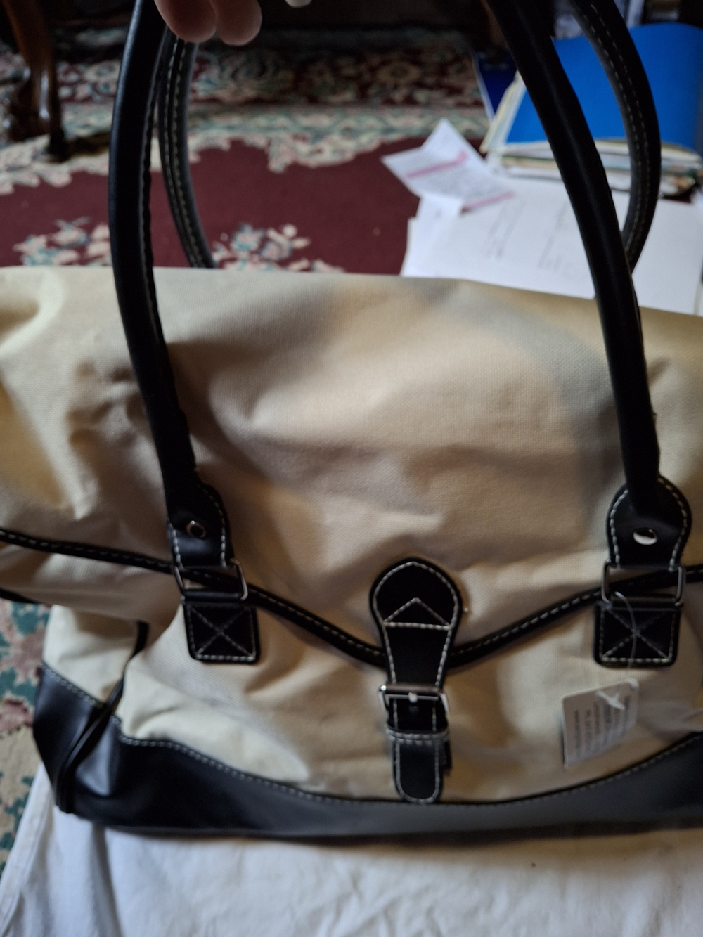 Canvas Tote Shoulder Bag in Cream and Black